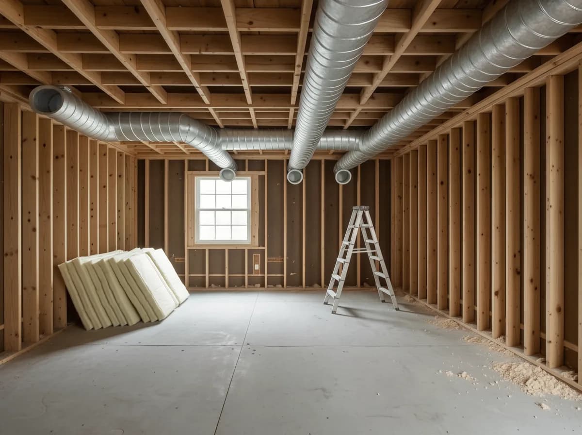 Residential HVAC Calgary: new galvanised trunk and branch ductwork run through the joists of a Calgary basement