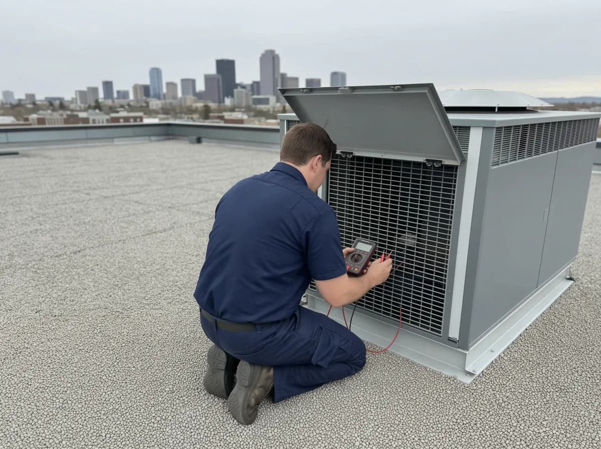 Commercial HVAC Calgary: a multimeter on the contactor terminals inside an open rooftop unit above Calgary