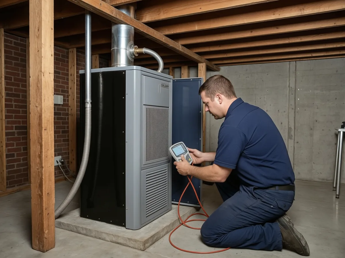 Furnace repair Calgary: a combustion analyser probe in the flue of a Calgary furnace with the technician reading the live result