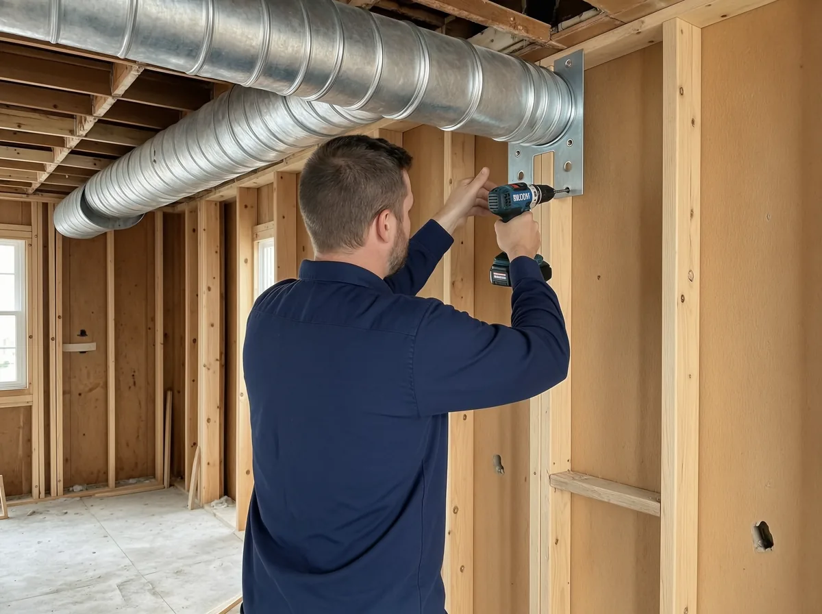 Residential HVAC Calgary: driving a screw into a new take-off collar on branch duct in a Calgary basement development