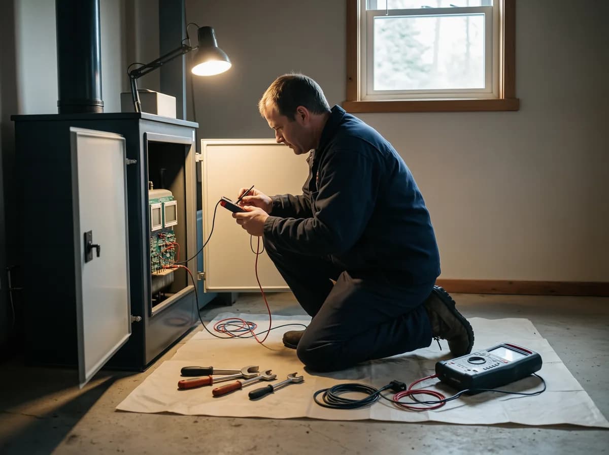 Calgary HVAC contractor: an open furnace with a TNT technician's test tools laid out on a drop sheet