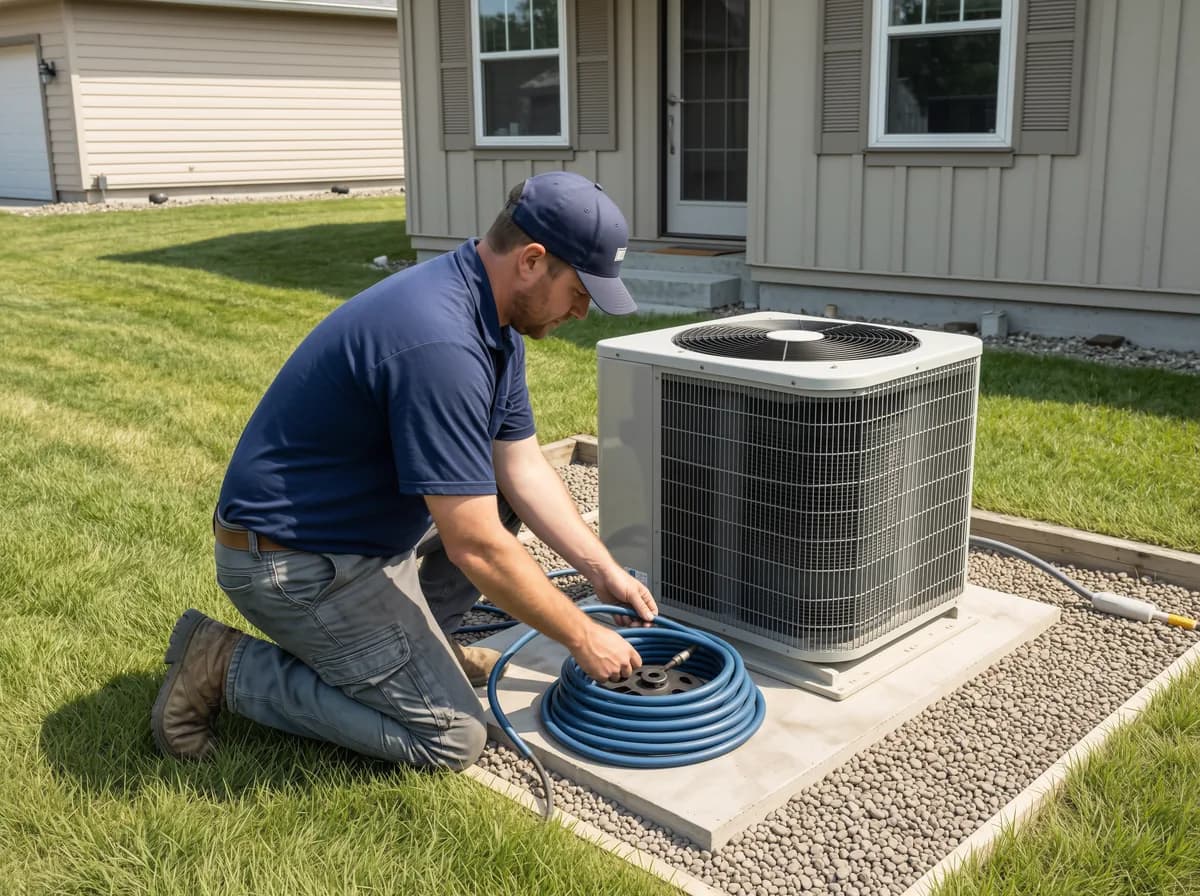 AC installation Calgary: hoses coming off a newly commissioned condenser set level on a fresh pad at a Calgary home