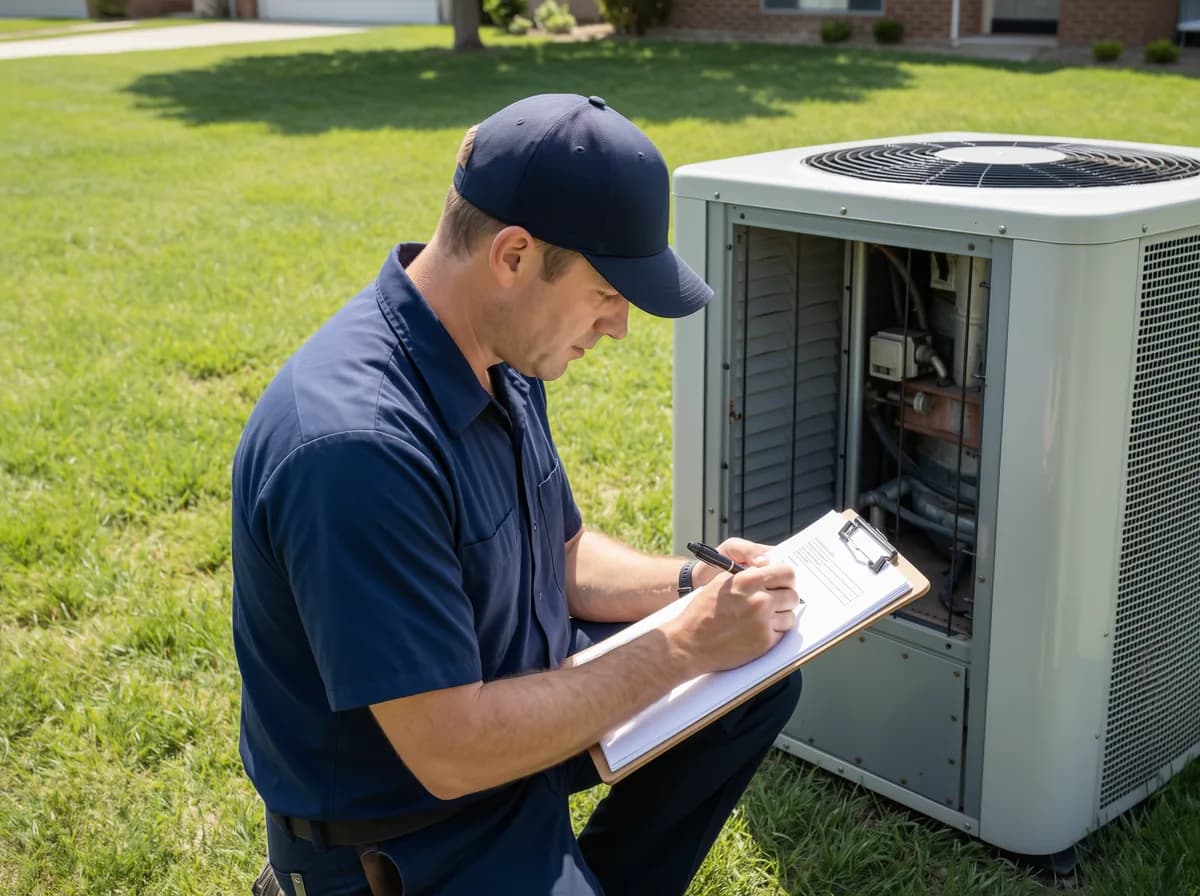 AC repair Calgary: writing up the fault beside an open service panel on a Calgary home air conditioner