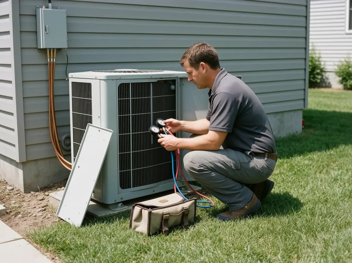 AC repair Calgary: a TNT technician reading manifold gauges connected to the service valves of a Calgary home air conditioner