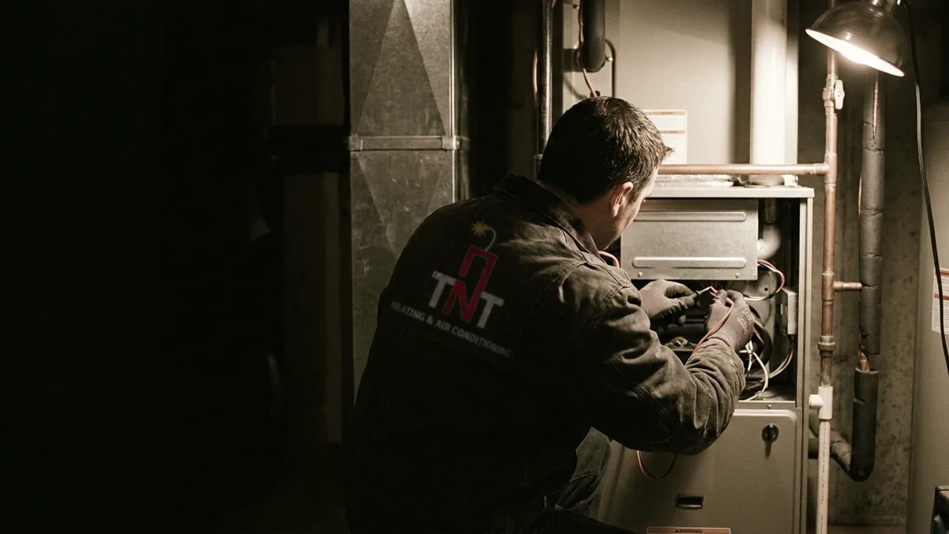 Calgary HVAC technician from TNT Heating servicing a high-efficiency furnace in a Calgary home