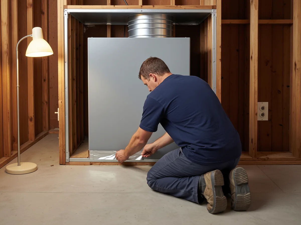 Furnace installation Calgary: sealing the supply plenum seam with foil tape at the base of a newly installed furnace in a Calgary basement