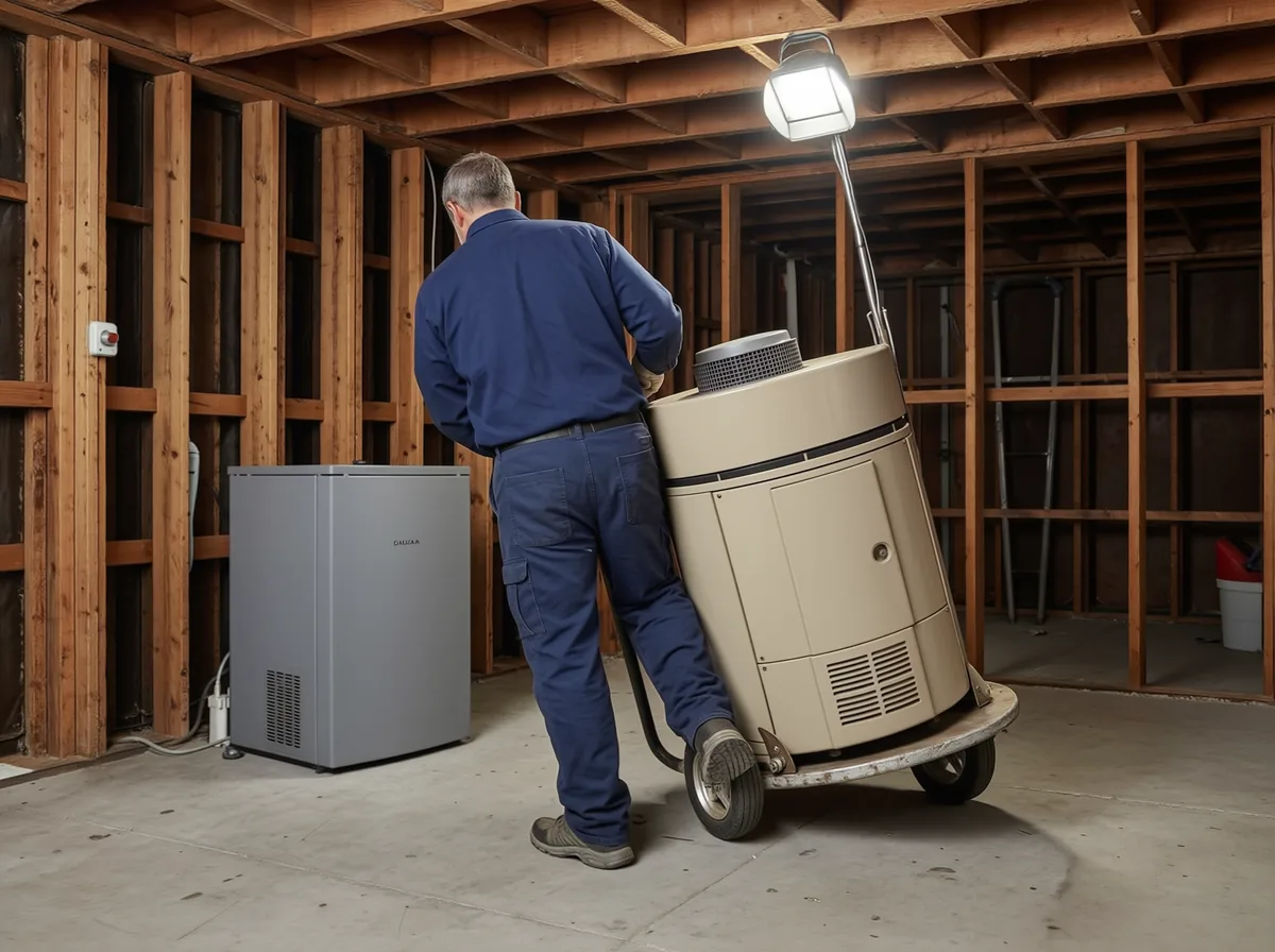 HVAC Calgary furnace replacement: a TNT technician wheeling the old furnace out on a hand truck, the new high-efficiency unit waiting behind him