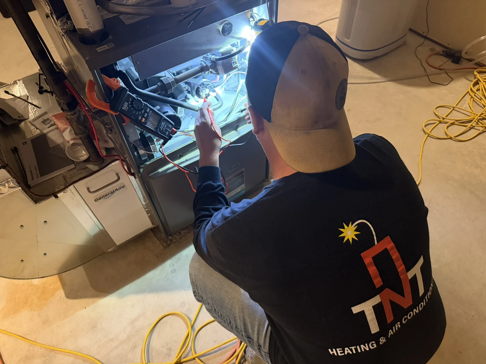Furnace repair in a Calgary home, a TNT technician testing the furnace controls with a multimeter