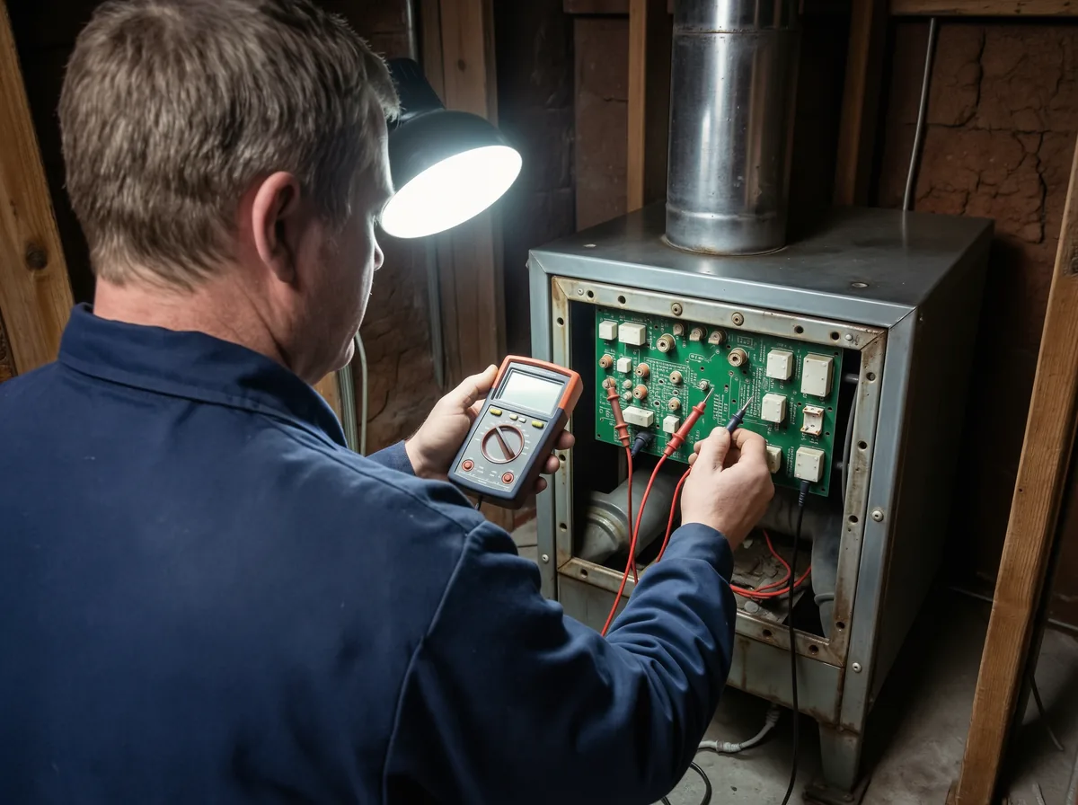 TNT Heating technician diagnosing a furnace on an emergency no-heat call in Calgary