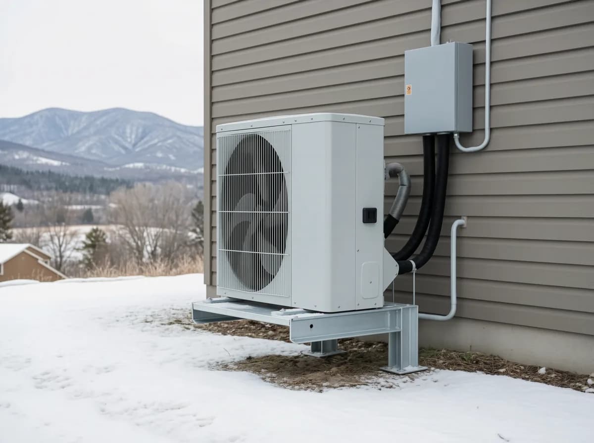 Heat pump installation Calgary: an air source heat pump on a wall bracket raised clear of the snow beside a Calgary home