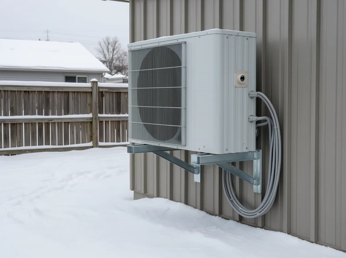The outdoor half of a Calgary heat pump installation, bracketed off the ground so snow cannot drift into it