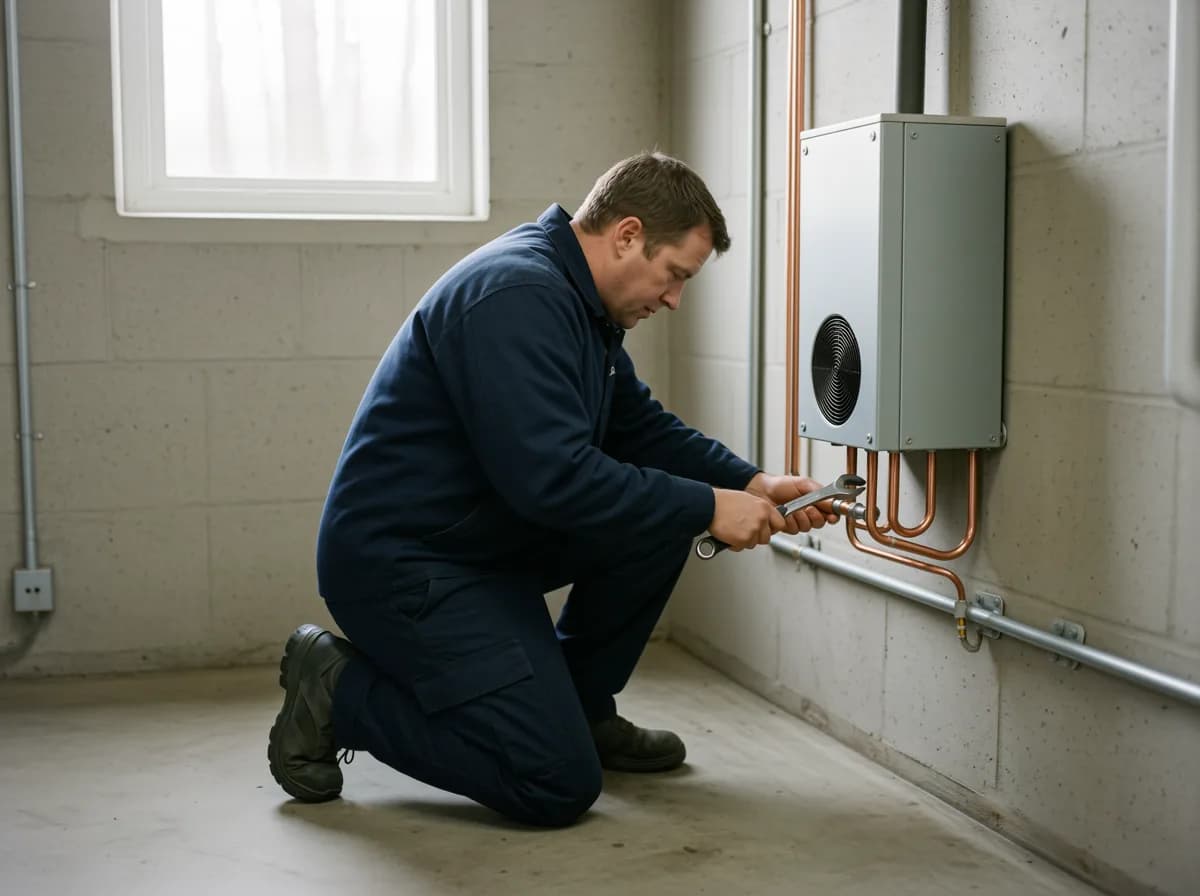 Heat pump installation Calgary: a TNT technician checking the refrigerant line connections at an indoor air handler