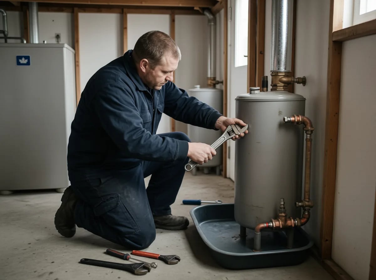 Hot water tank replacement Calgary: a TNT technician on the gas and water connections at a tank in a Calgary basement