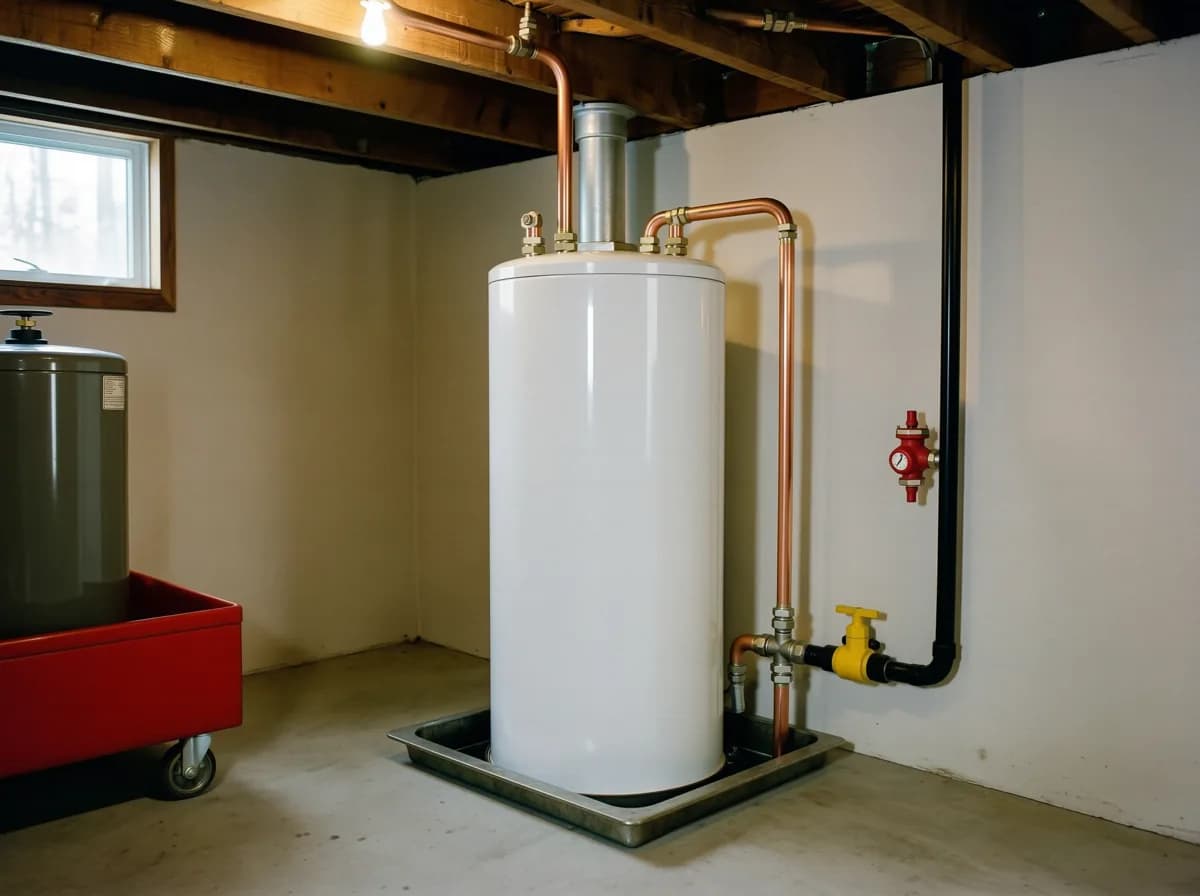 Replacement hot water tank with new gas line and venting in a Calgary basement