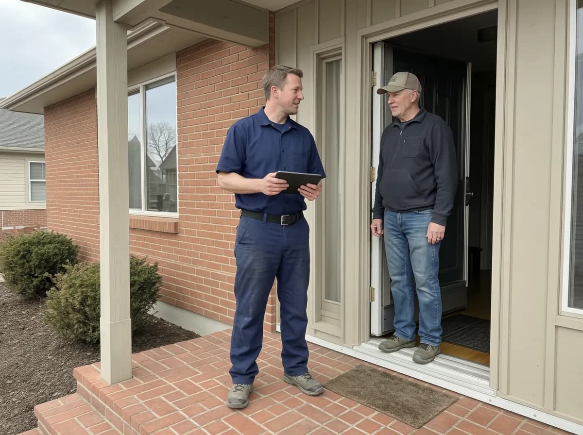 HVAC Calgary: a TNT technician at a Calgary front door with a tablet, talking a homeowner through a free quote visit