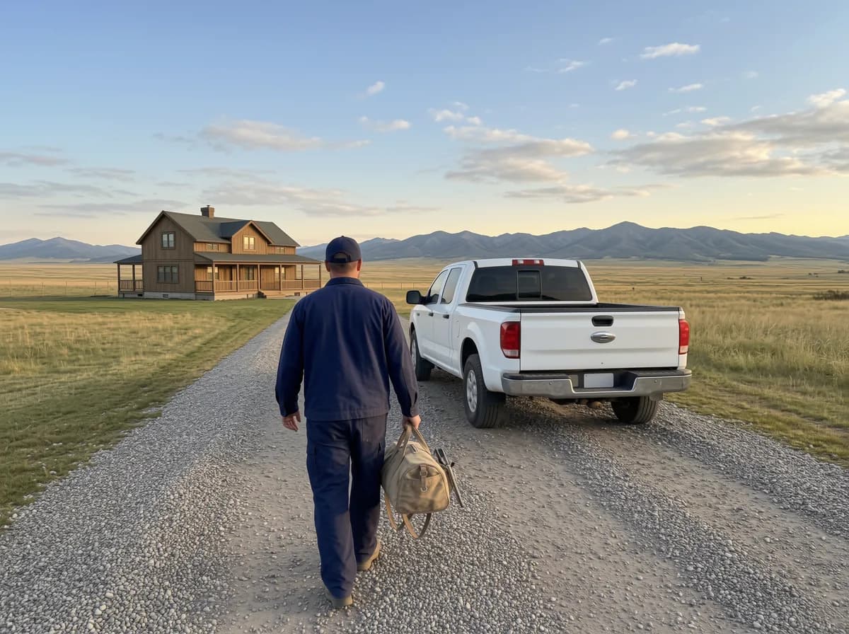 HVAC Cochrane: a technician walking up to an acreage house near Cochrane with his tool bag
