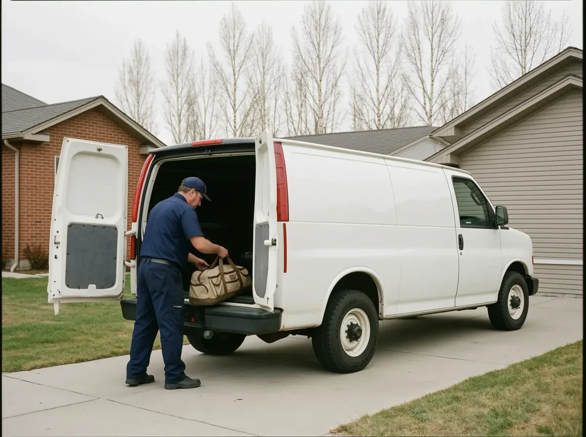 HVAC services Calgary: a TNT Heating service van on a Calgary driveway, a technician lifting his tool bag out of the back