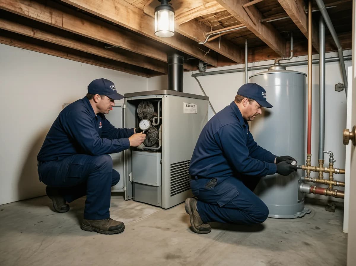 HVAC services Calgary: two TNT technicians in a Calgary basement, one at the furnace and one at the hot water tank on the same visit