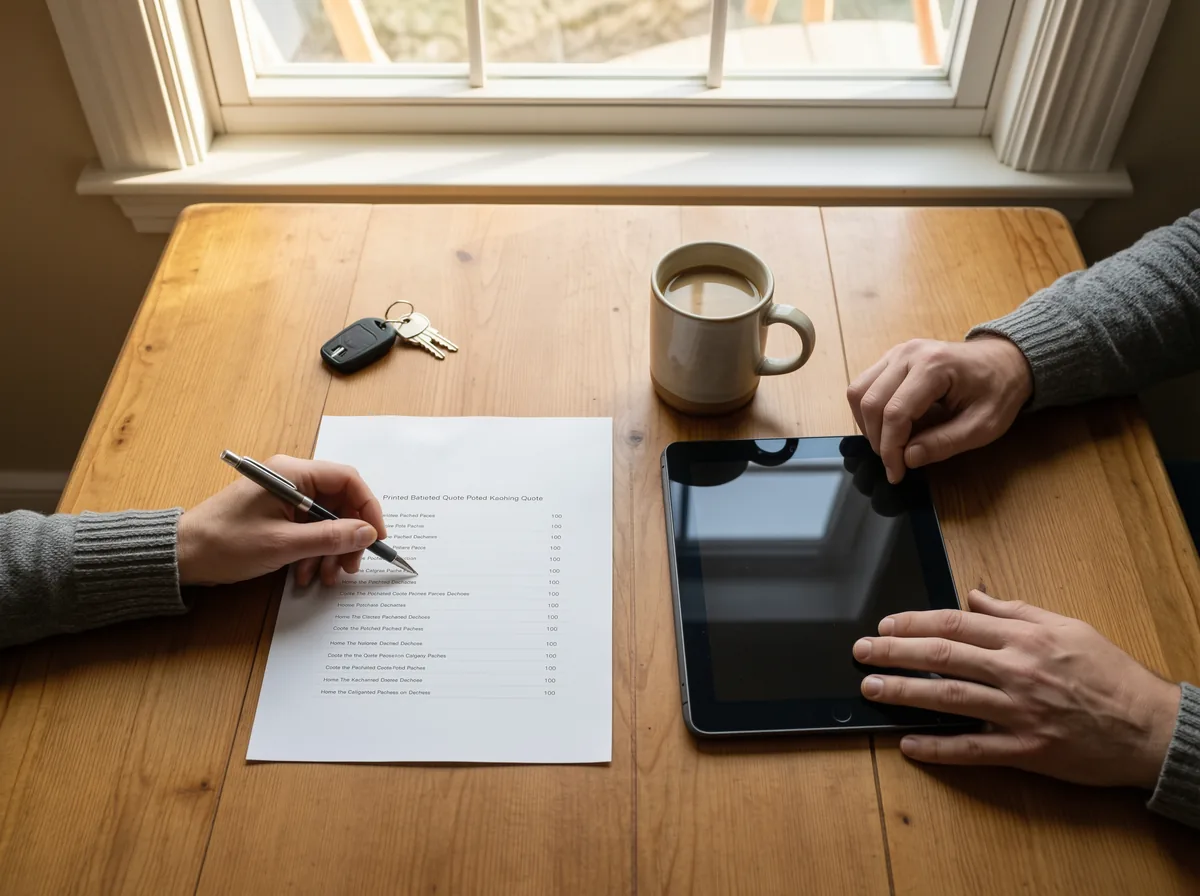 HVAC financing Calgary: an itemised written quote on a Calgary kitchen table with a pen resting on it