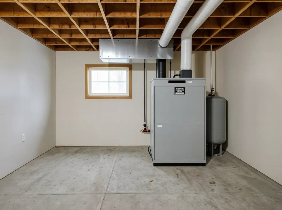 HVAC financing Calgary: a new high-efficiency furnace installed by TNT Heating in a Calgary basement