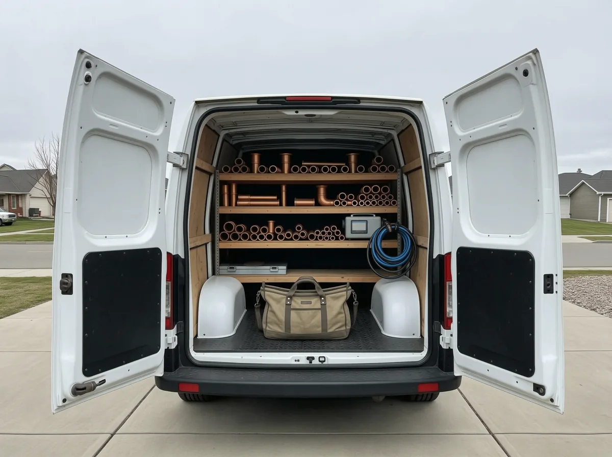 HVAC services Calgary: the organised back of a TNT service van on a Calgary driveway