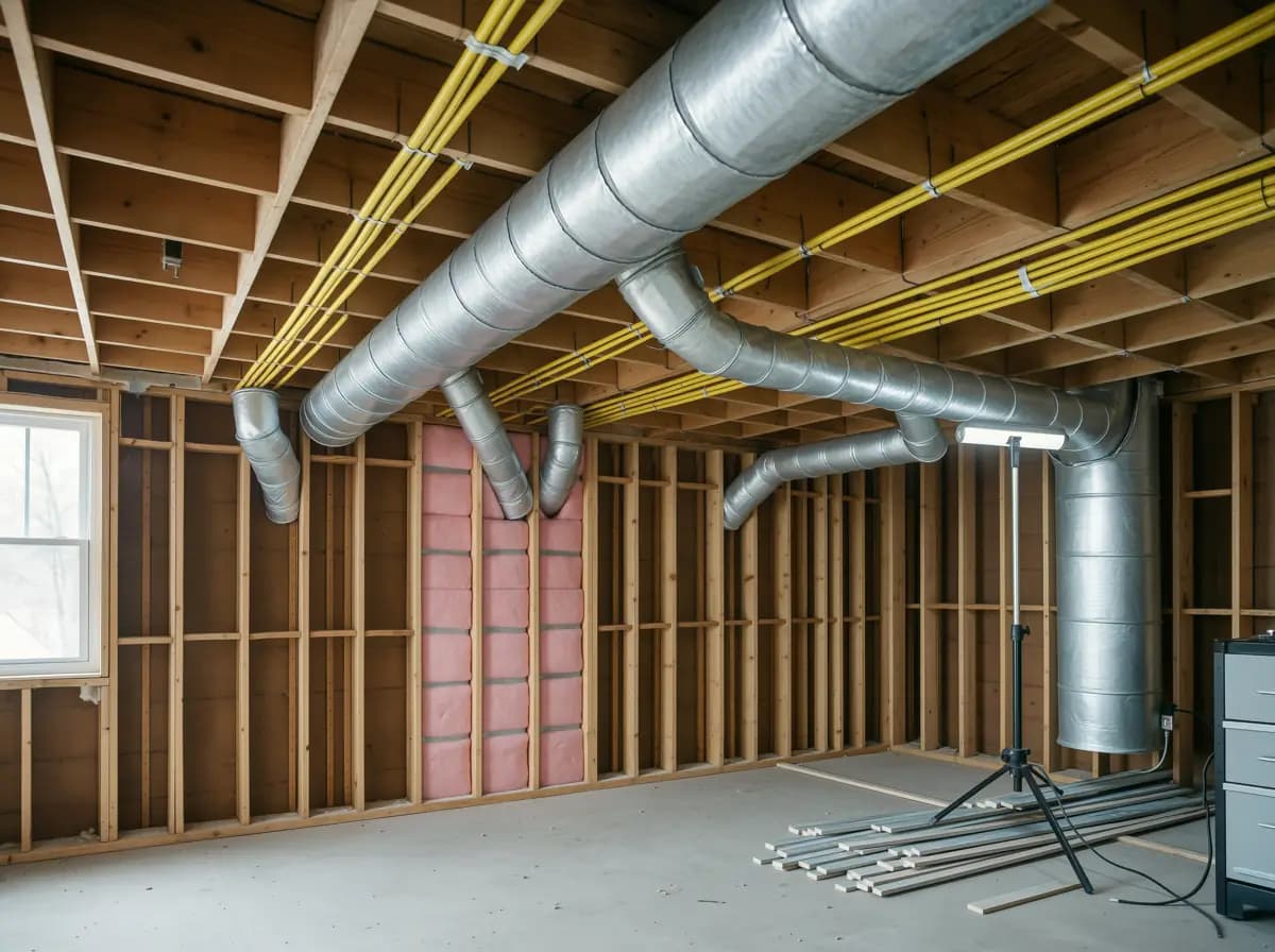 Furnace and ductwork in a Calgary basement mechanical room